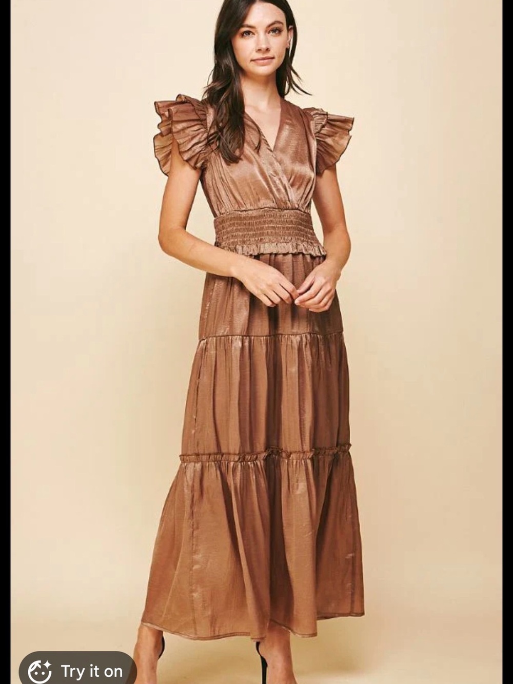 Pinch L SATIN TIERED MAXI DRESS mocha brown sateen large sheen smocked - Picture 2 of 8
